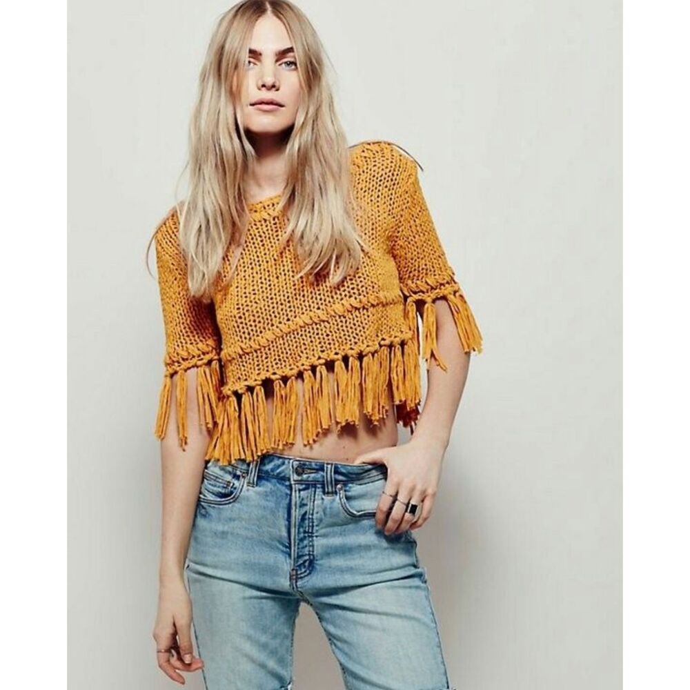 FREE PEOPLE On The Fringe Mustard Yellow Crochet Open Knit Crop Top Womens XS